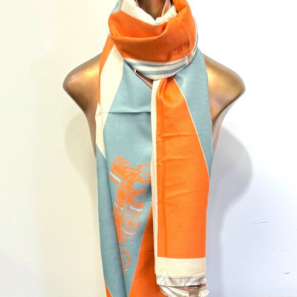 🆕️ Luxury Feel Teel & Orange Horse Motif Scarf "Limited Quantity" - Picture 1 of 2